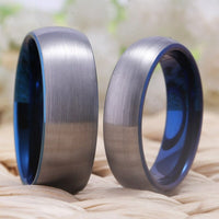 Blue and Silver Brushed Tungsten Wedding Band Ring for Men and Women