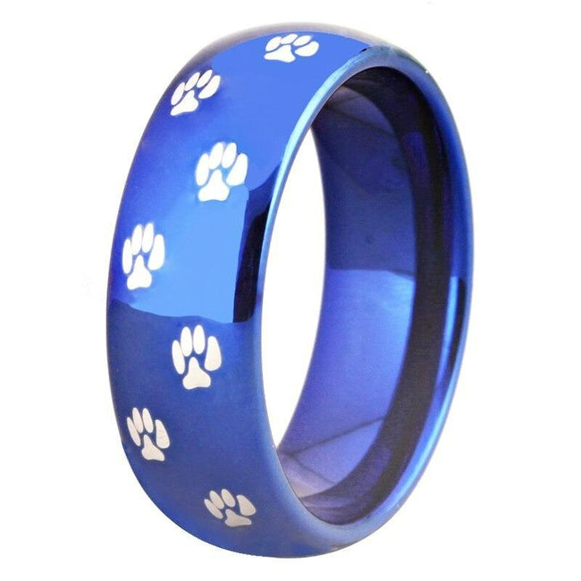 Blue Cat Dog Paw Print Tungsten Wedding Band Ring for Men