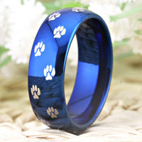 Blue Cat Dog Paw Print Tungsten Wedding Band Ring for Men