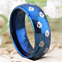 Blue Cat Dog Paw Print Tungsten Wedding Band Ring for Men