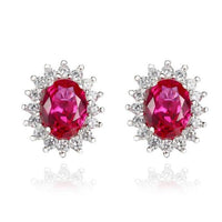 Oval Cut Red Corundum Sterling Silver Earrings, Diamond Simulant Earrings for Women