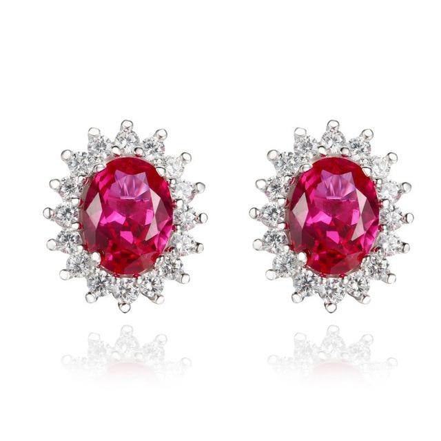 Oval Cut Red Corundum Sterling Silver Earrings, Diamond Simulant Earrings for Women