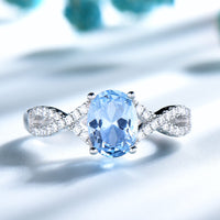 Blue Topaz Halo Split Shank Cubic Zirconia 925 Sterling Silver Wedding Ring