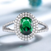 Oval Cut Emerald Halo Split Shank 925 Sterling Silver Wedding Ring, Cubic Zirconia Engagement Ring