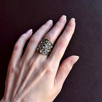 Infinity Stones White Pearls Black Gold Finish Ring for Women, Blue Red Green Diamond Simulant Gothic Ring