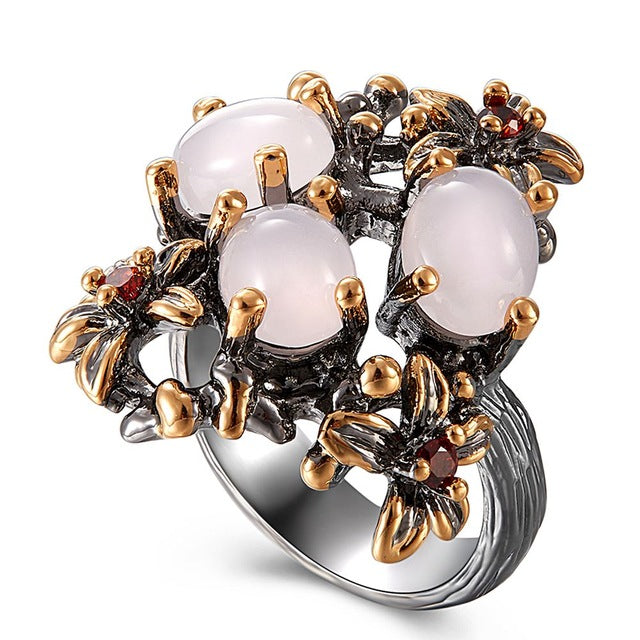 Pink Opal Stone Black Gold Flower Design Ring for Women