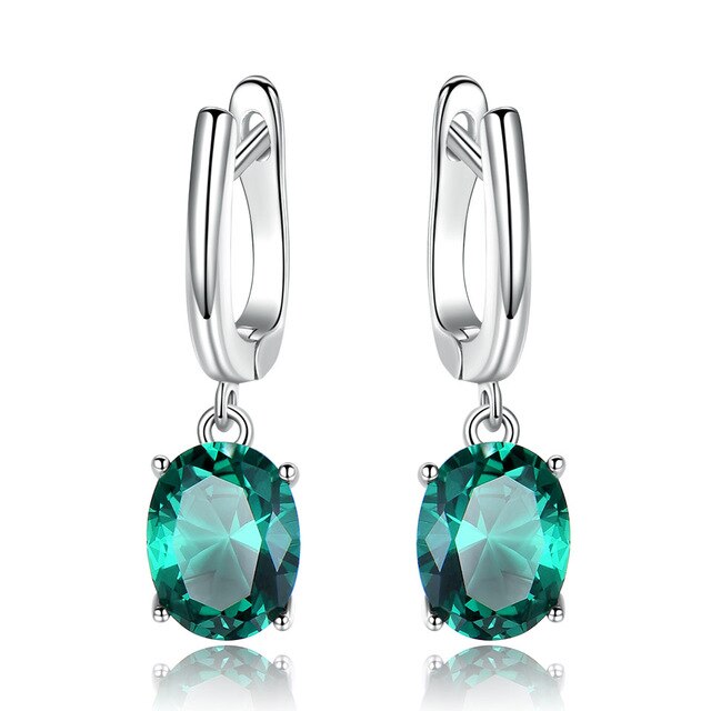 Oval Cut Emerald Simulant 925 Sterling Silver Drop Earrings, Clip Earrings for Women