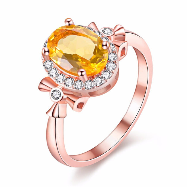 1.5 Ct Oval Citrine Birthstone Solitaire Ring, Diamond Simulant Rose Gold Brushed 925 Sterling Silver Engagement Ring for Women