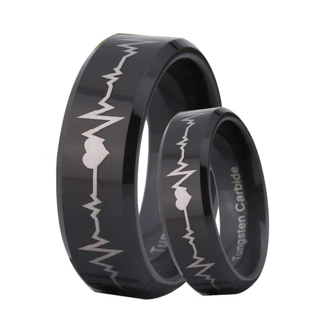 Black Heartbeat Couple Tungsten Wedding Band Ring for Men and Women