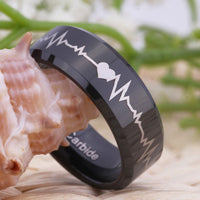 Black Heartbeat Couple Tungsten Wedding Band Ring for Men and Women