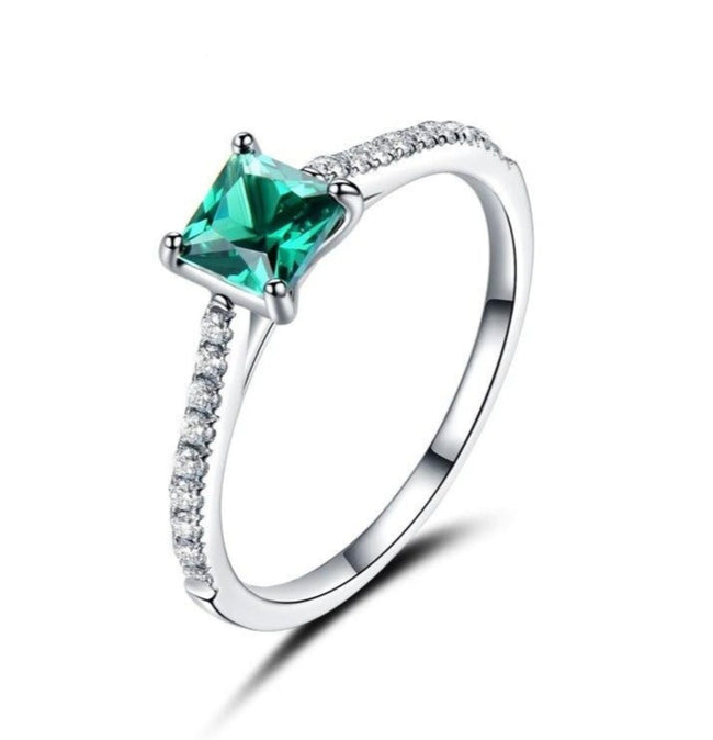 Square Cut Emerald Sterling Silver Ring for Women, Diamond Simulant Engagement Ring