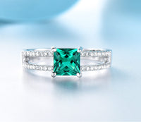 Emerald Halo Split Shank Cubic Zirconia 925 Sterling Silver Wedding Ring for Women