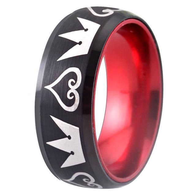 Black and Red Kingdom Heart and Crowns Wedding Band Ring for Men