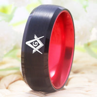 Black and Red Masonic Tungsten Wedding Band Ring for Men