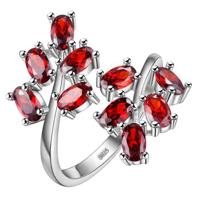 Red Diamond Simulant Tree Leaf Wedding Ring, 925 Sterling Silver Engagement Ring for Women