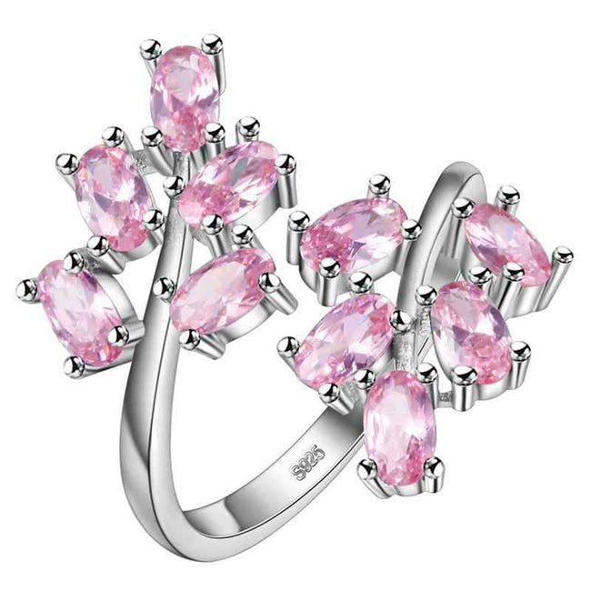 Pink Diamond Simulant Tree Leaf Wedding Ring, 925 Sterling Silver Engagement Ring for Women