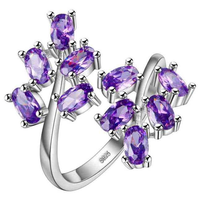 Purple Diamond Simulant Tree Leaf Wedding Ring, 925 Sterling Silver Engagement Ring for Women