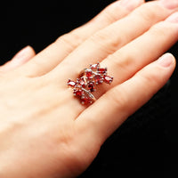 Red Diamond Simulant Tree Leaf Wedding Ring, 925 Sterling Silver Engagement Ring for Women