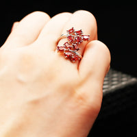 Red Diamond Simulant Tree Leaf Wedding Ring, 925 Sterling Silver Engagement Ring for Women