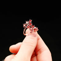 Red Diamond Simulant Tree Leaf Wedding Ring, 925 Sterling Silver Engagement Ring for Women