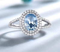 Blue Topaz Halo Split Shank Wedding Ring for Women, 925 Sterling Silver Engagement Ring