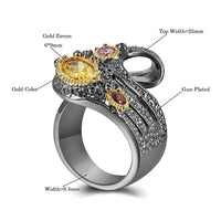 Twisted Ribbon Unique Design Black Cocktail Ring, Gold Pink Red Diamond Simulant Wedding Ring