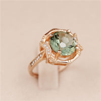 Green Zirconia Stone Wedding Ring, Rose Gold Brushed 925 Sterling Silver Engagement Ring for Women