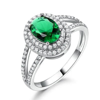 Oval Cut Emerald Halo Split Shank 925 Sterling Silver Wedding Ring, Cubic Zirconia Engagement Ring