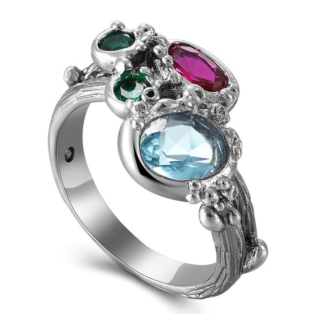 Blue Green Pink Zircon Gunmetal Plated Wedding Ring for Women