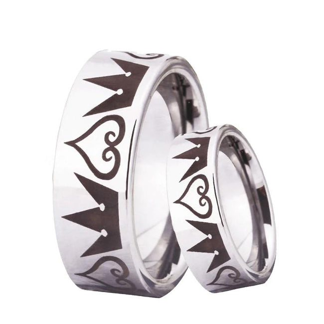 Silver Kingdom Heart and Crowns Couple Tungsten Wedding Band Ring for Men and Women