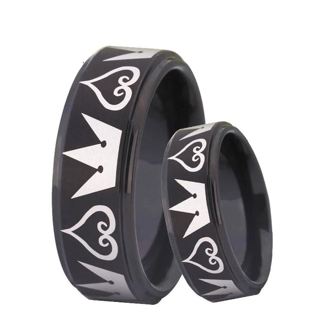 Black Kingdom Heart and Crowns Couple Tungsten Wedding Band Ring for Men and Women