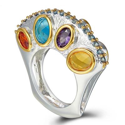 Infinity Colors Diamond Simulant Wedding Ring, Green Red Purple Yellow Blue Zircon Silver Cocktail Ring