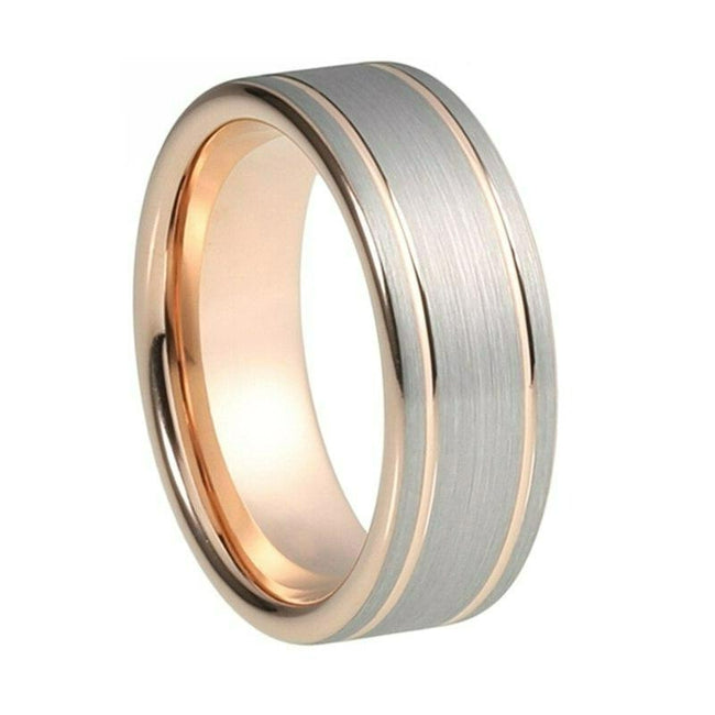 Rose Gold Double Grooved Silver Finish Tungsten Wedding Band Ring for Men