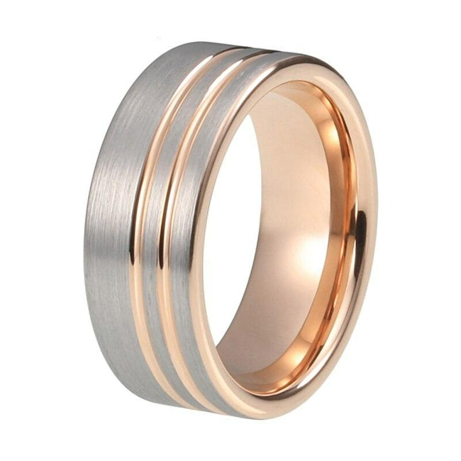 Rose Gold and Silver Brushed Double Grooved Tungsten Wedding Band Ring for Men