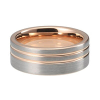 Rose Gold and Silver Brushed Double Grooved Tungsten Wedding Band Ring for Men