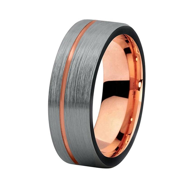 Rose Gold Line and Silver Brushed Tungsten Wedding Band Ring for Men