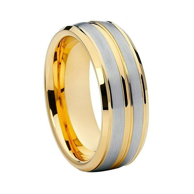 Yellow Gold Grooved Silver Finish Tungsten Wedding Band Ring for Men