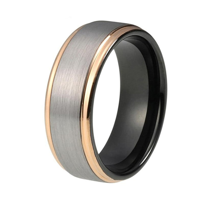 Silver with Rose Gold Edges Black Tungsten Wedding Band Ring for Men