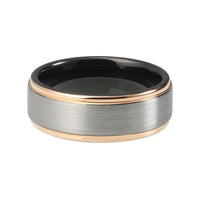 Silver with Rose Gold Edges Black Tungsten Wedding Band Ring for Men