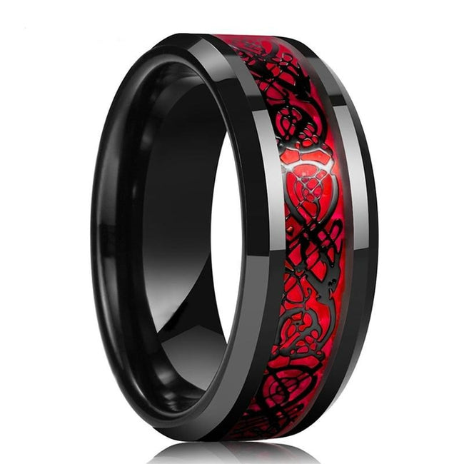 Red and Black Celtic Dragon Tungsten Mens Wedding Band Ring