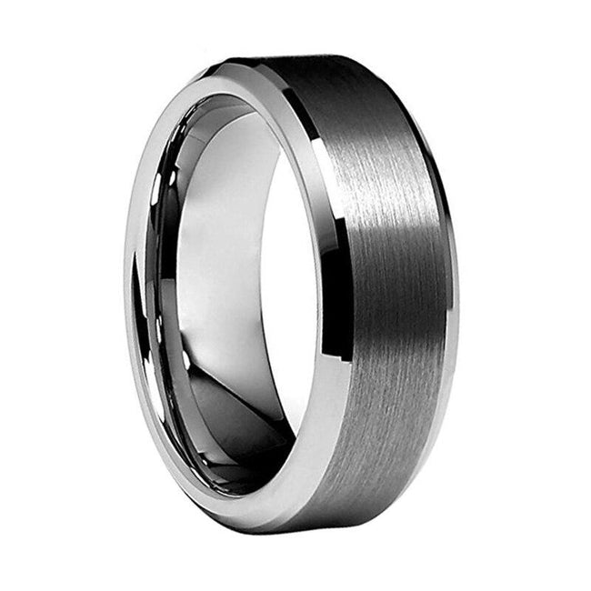 Silver Matte Finish Tungsten Wedding Band Ring for Men with Beveled Edges