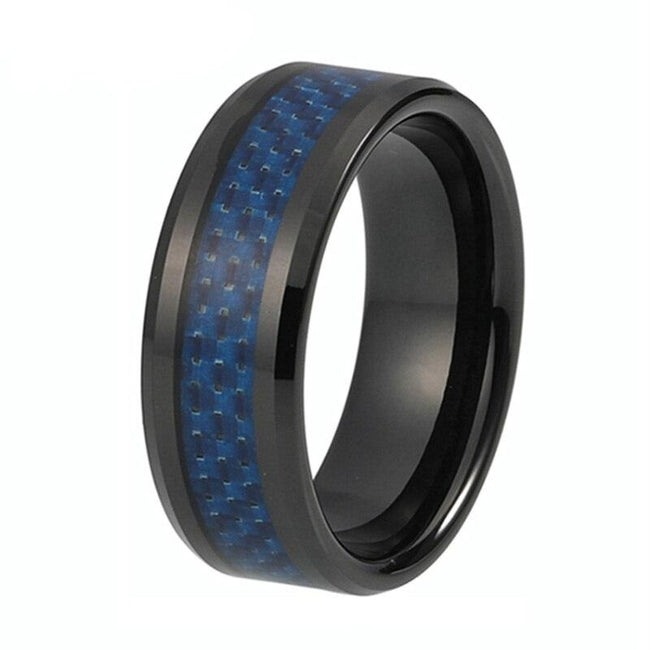 Black Tungsten Mens Wedding Band Ring with Blue Carbon Fiber Inlay