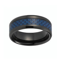 Black Tungsten Mens Wedding Band Ring with Blue Carbon Fiber Inlay