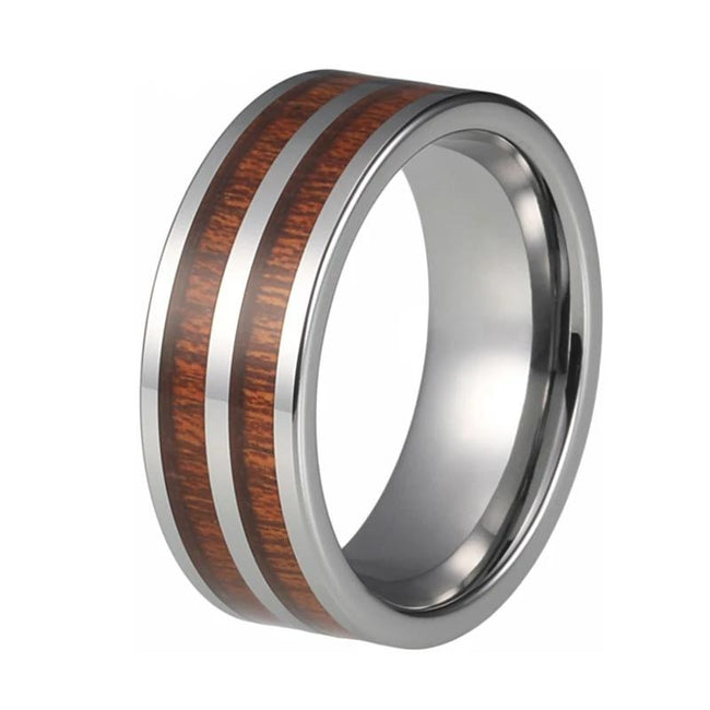 Silver Double Koa Wood Tungsten Mens Wedding Band Ring