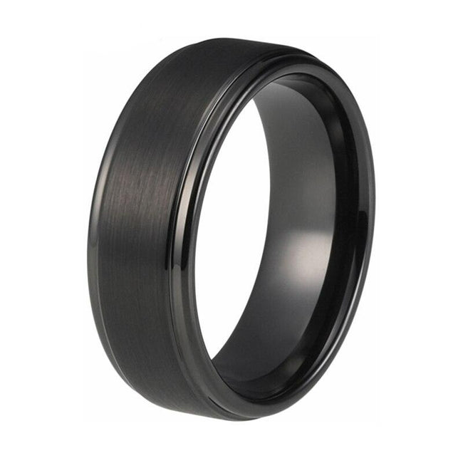 Black Matte Finish Tungsten Wedding Band Ring for Men with Stepped Edges