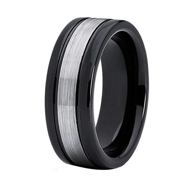 Black and Silver Center Brushed Tungsten Wedding Band Ring for Men