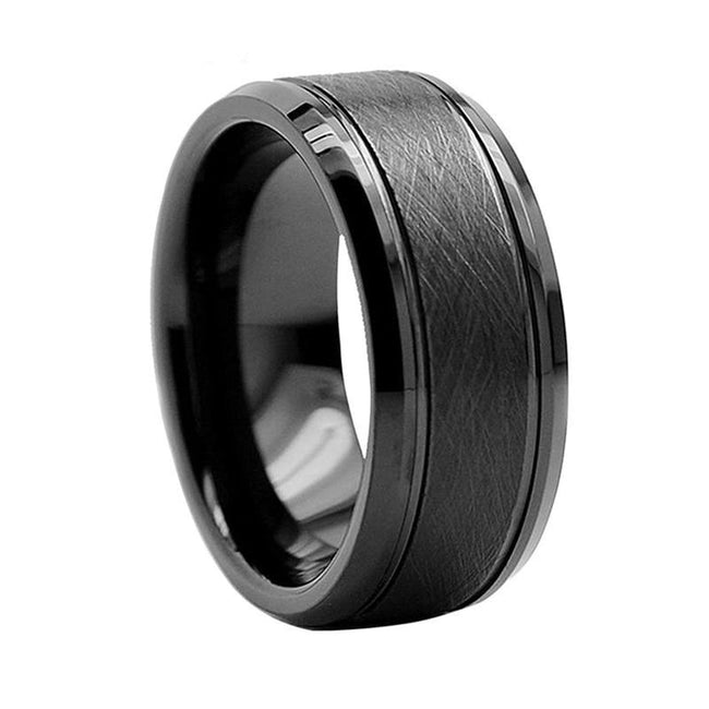 Black Brushed Finish Tungsten Wedding Band Ring for Men with Beveled Edges