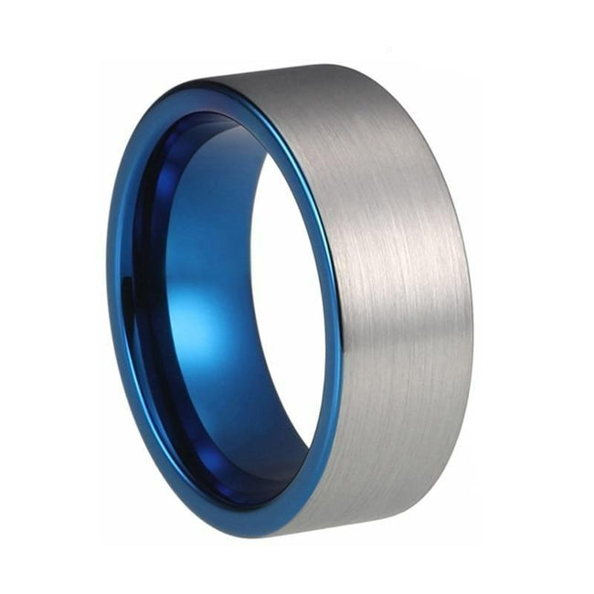 Blue and Silver Matte Finish Tungsten Wedding Band Ring for Men