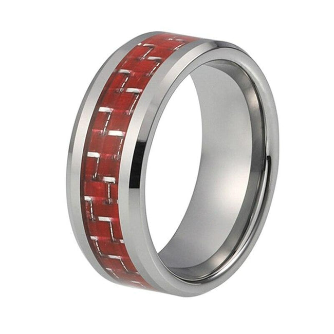 Silver and Red Carbon Fiber Tungsten Mens Wedding Band Ring