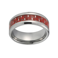 Silver and Red Carbon Fiber Tungsten Mens Wedding Band Ring